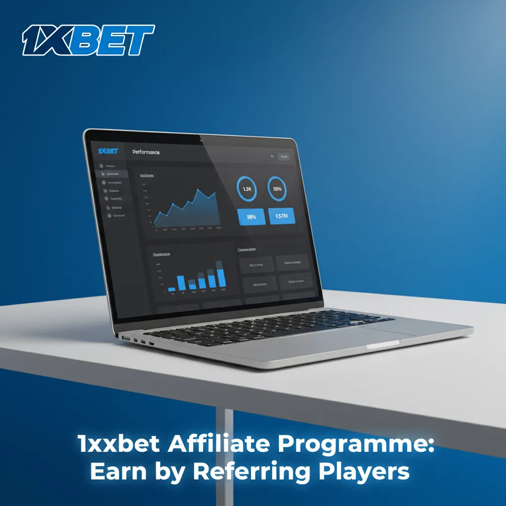 1xbet Affiliate Programme banner: Earn by Referring Players, with icons for tracking links, stats, and payouts.