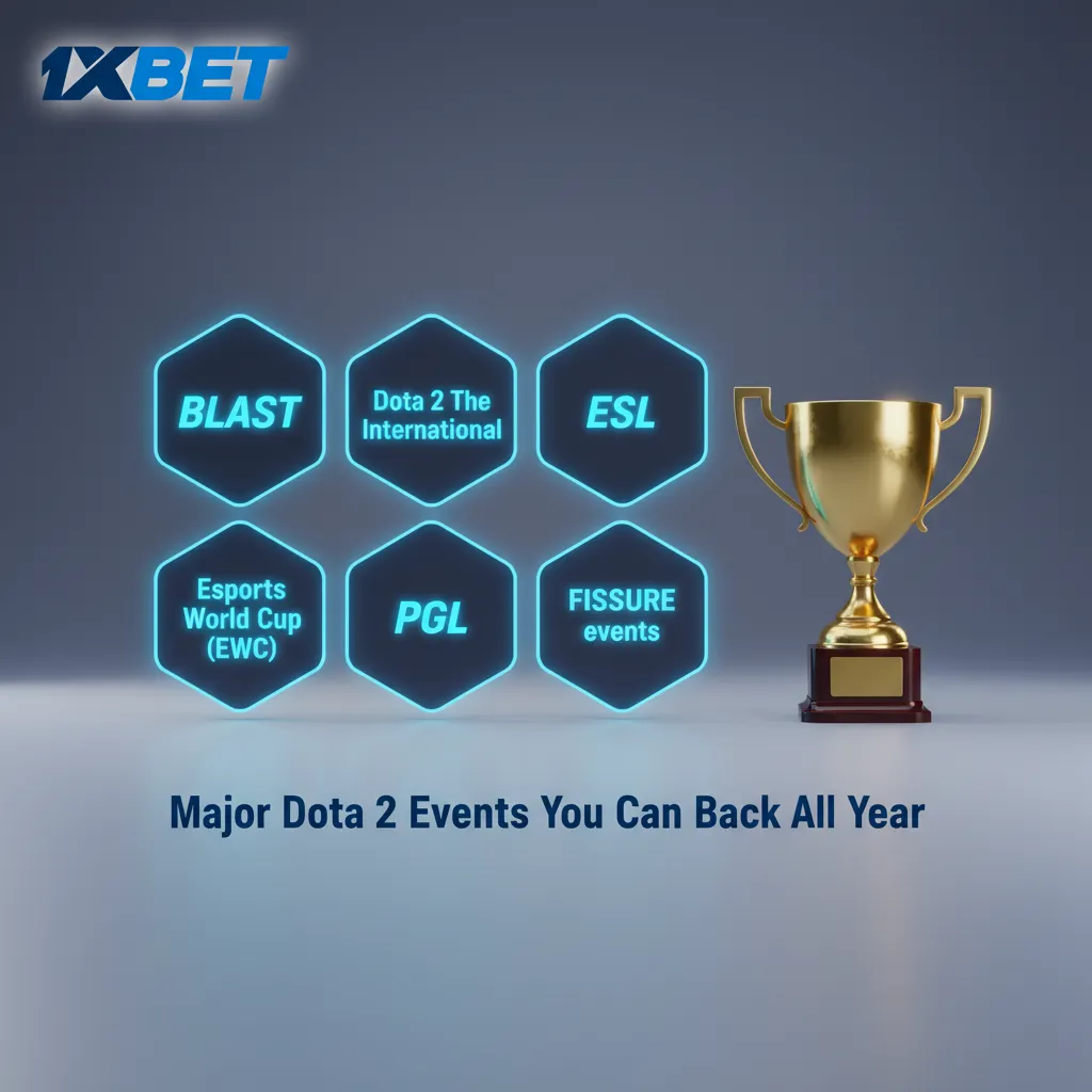 Dota 2 season graphic with major events: TI, BLAST, ESL, EWC, PGL, FISSURE, highlighting year-round betting options.