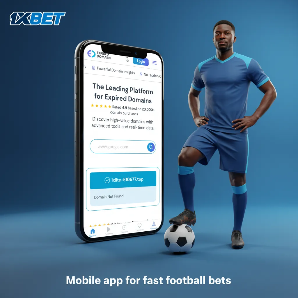 Smartphone with 1xbet football betting app showing in-play stats, fast markets, cash out, Android and iOS support.