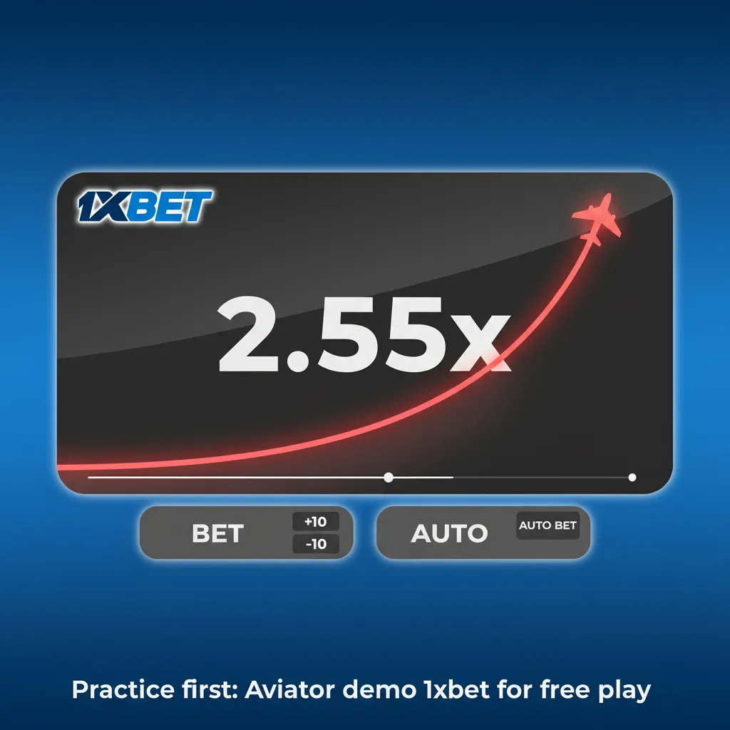 Aviator crash game demo on 1xBet: plane rising with multiplier, free credits, auto cashout and dual bet options.